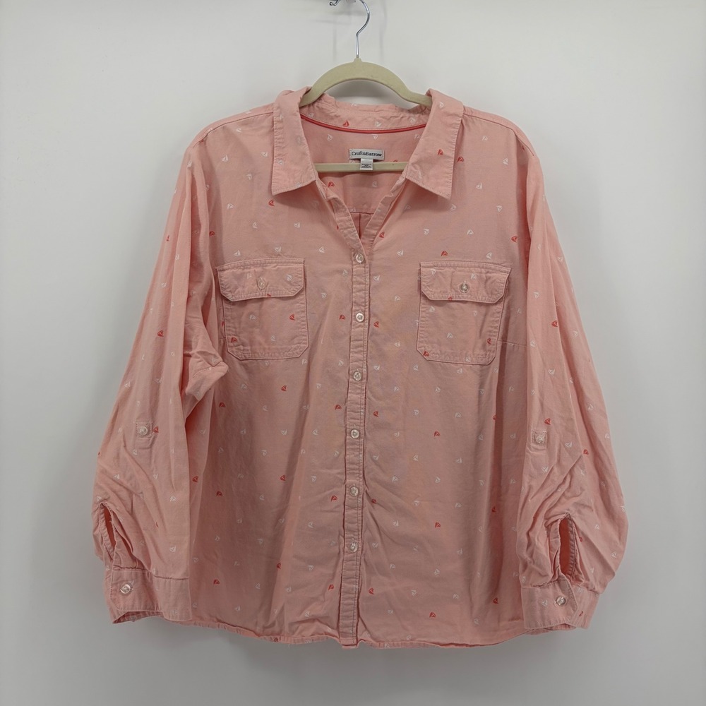 Croft & Barrow Womens 3X Peach Sailboat Print Button Up Roll Tab Sleeve Shirt